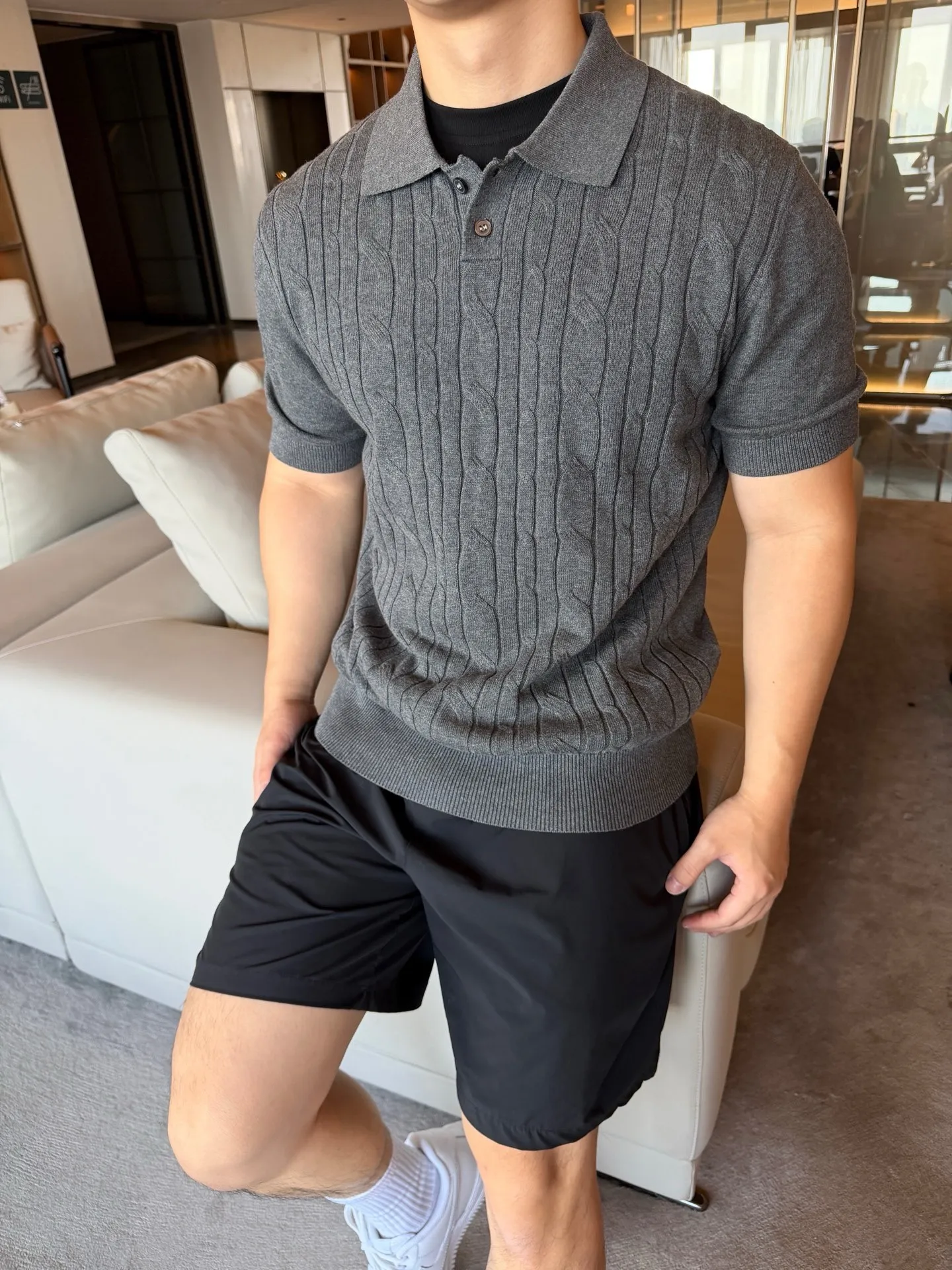 #Loro Piana/LP Cable knit Polo short-sleeved upper body effect